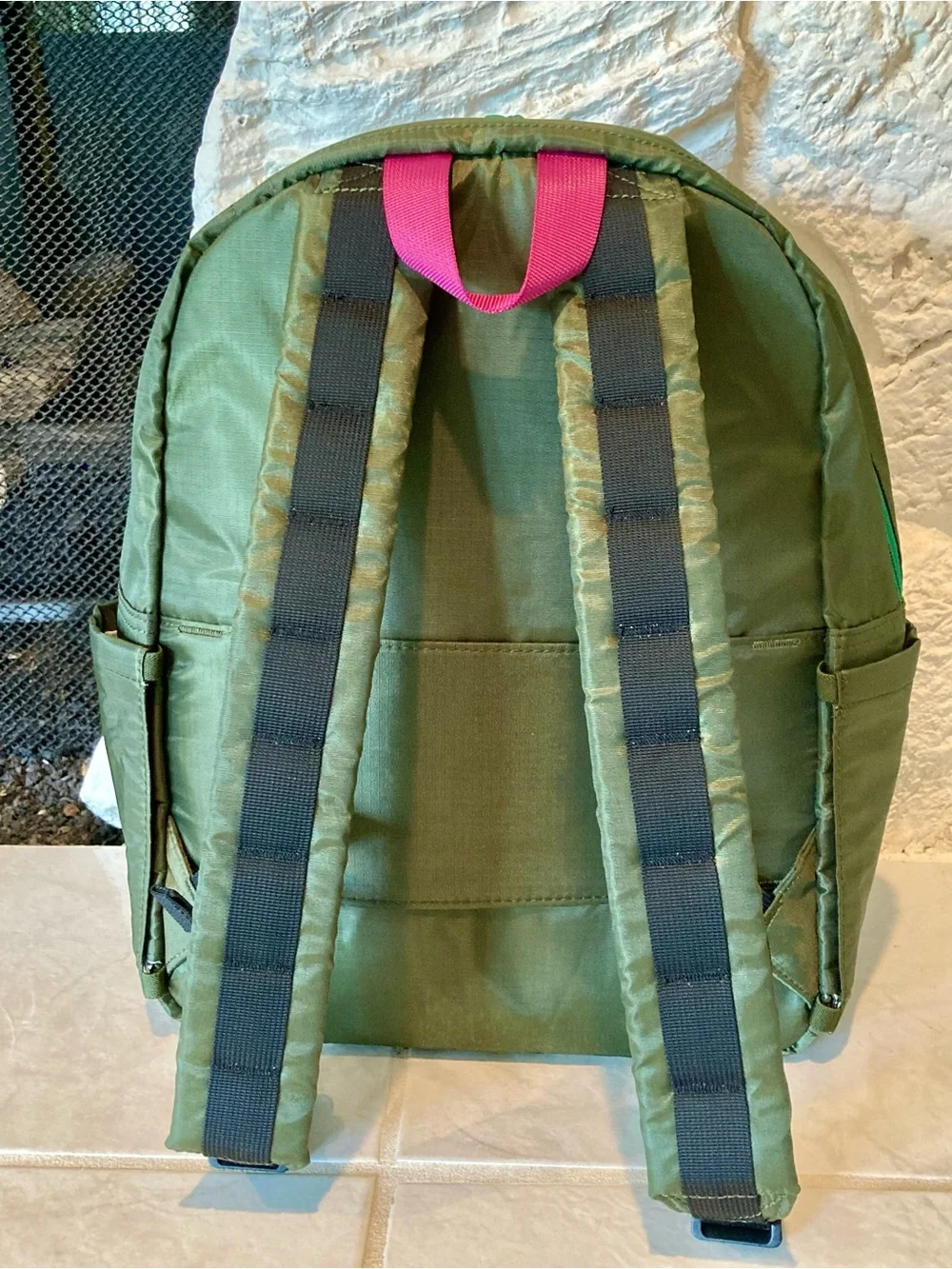 NWT STATE Dark Green Backpack with Blue & Green Zippers and Pink Loop